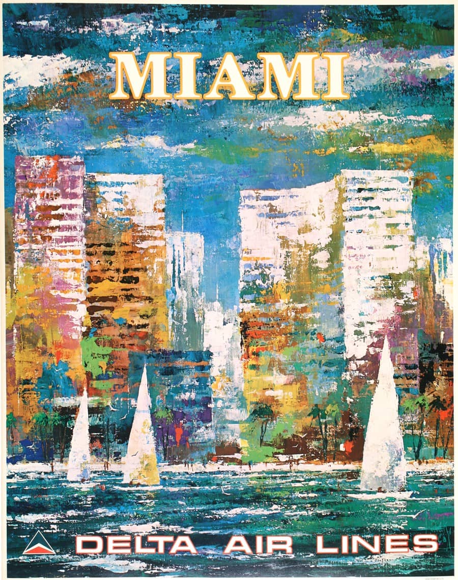 Original Vintage Delta Air Lines Miami Florida Poster by Laycox c1975