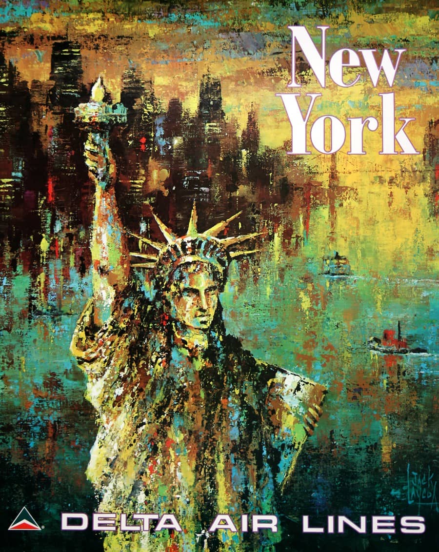 Original 1970's Delta Air Lines Poster for New York City by Jack Laycox Statue of Liberty