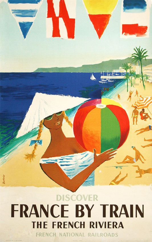 Original Vintage Discover France by Train French Riviera Poster by Dubois 1957