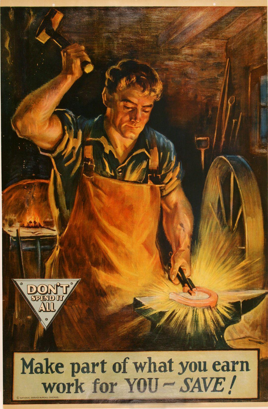 Original Vintage Bank Poster Don't Spend it All Blacksmith c1920