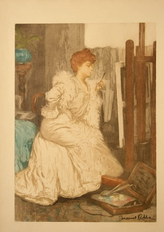 Original Print by Manuel Robbe c1900 - Elegant at Easel