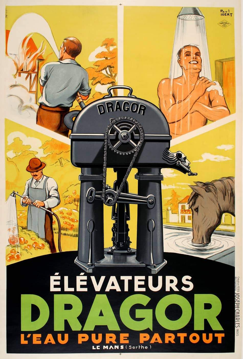 Original Élévateurs Dragor Poster 1935 by Igert Water Pump