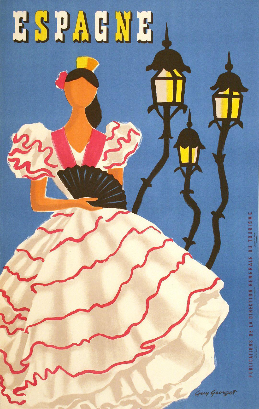 Espagne Original 1950's Travel Poster by Guy Georget Woman in White Dress
