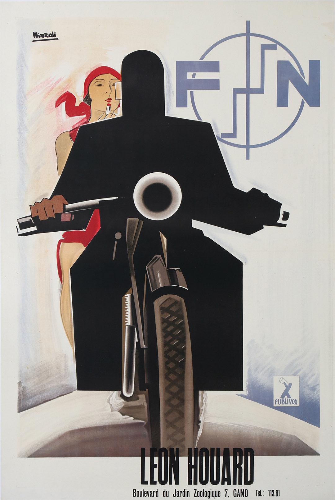 Original Vintage Moto Fabrique Nationale Art Deco Poster by Nizzoli 1928 Motorcycle