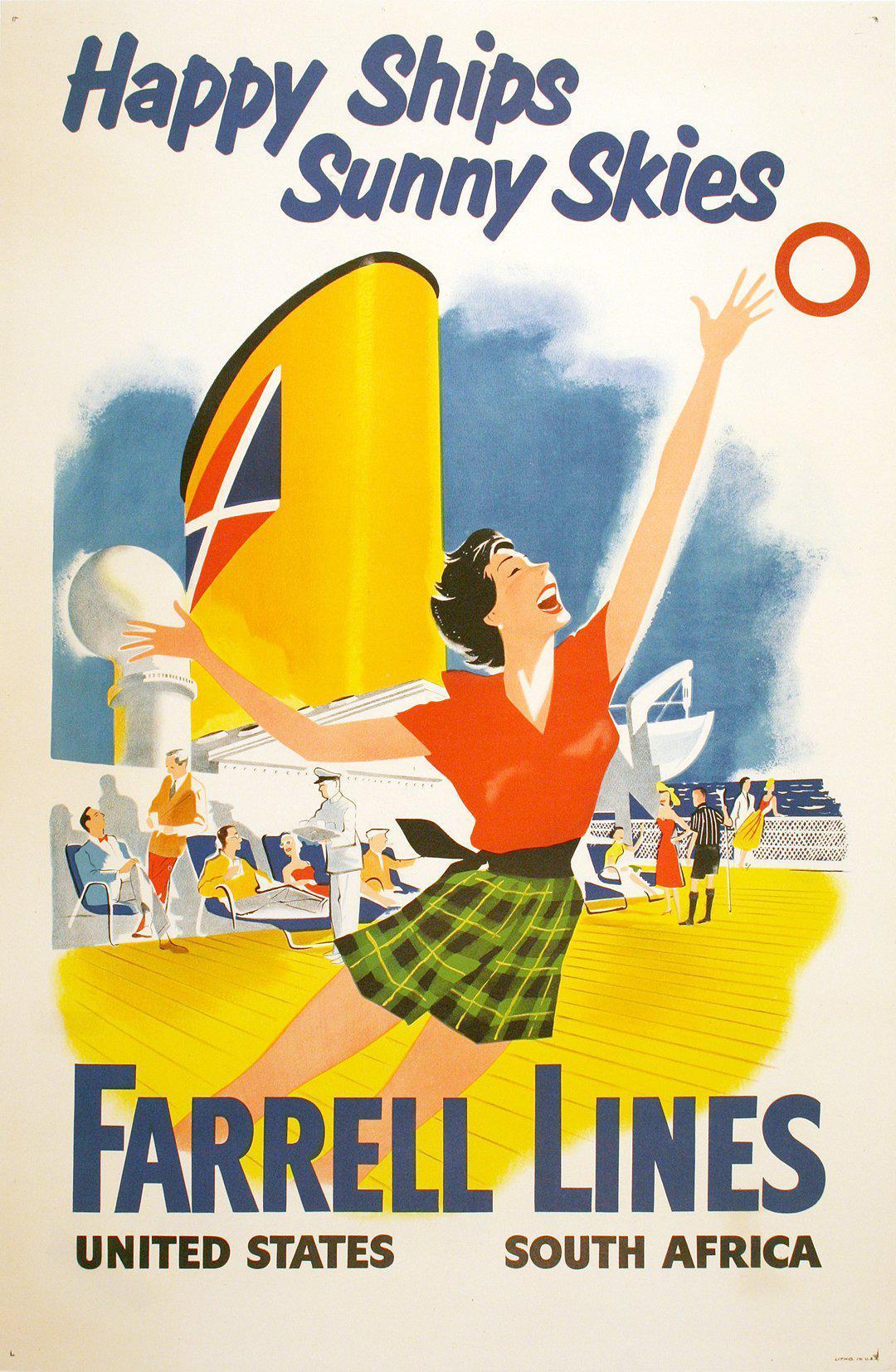 Original Vintage Cruise Poster Farrell Lines Happy Ships Sunny Skies South Africa c1950