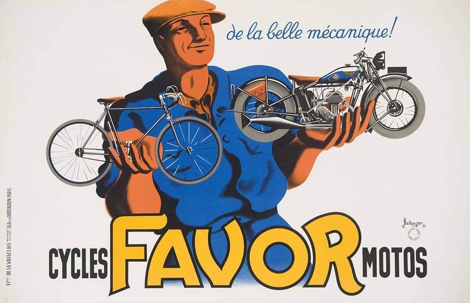 Favor Cycle Original Poster Man Holding Cycle and Motorcycle by Bellenger 1937