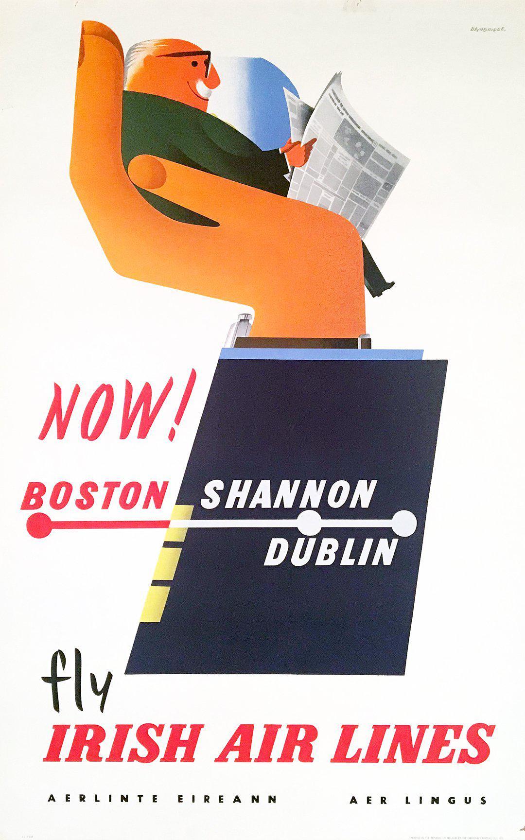 Original Vintage Irish Air Lines Poster Boston - Shannon - Dublin by John Bainbridge c1958