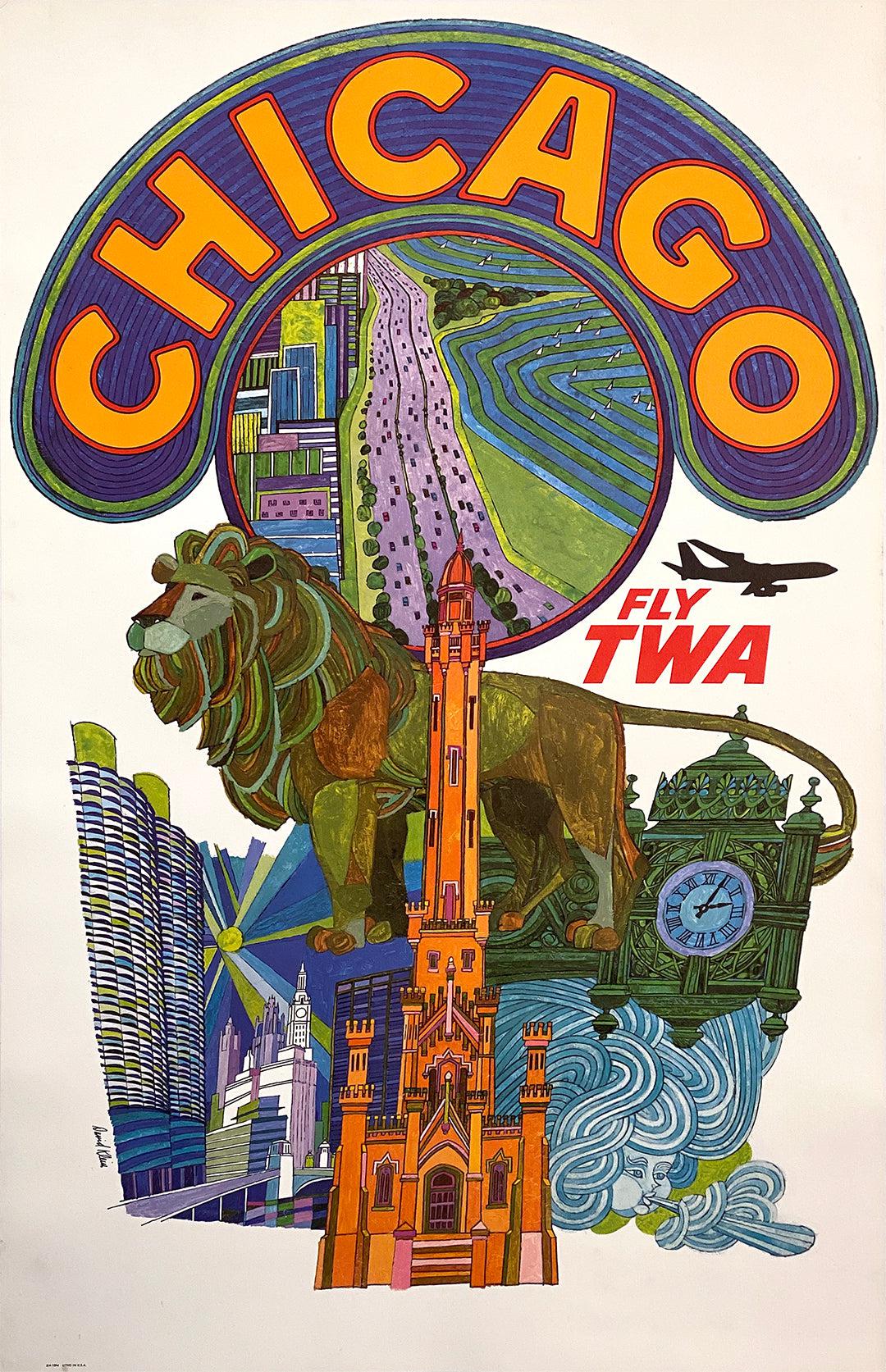 David Klein Original Vintage Poster Fly TWA Chicago c1960