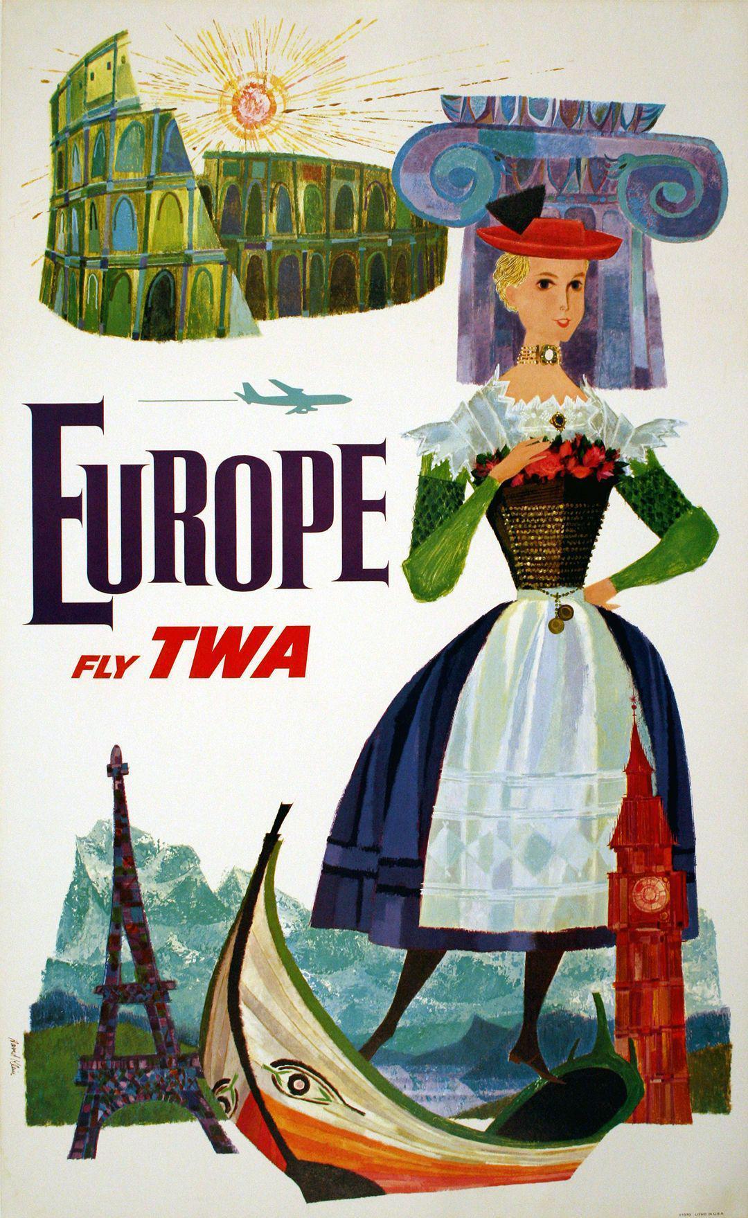 Fly TWA Europe Poster by David Klein c1960 Original