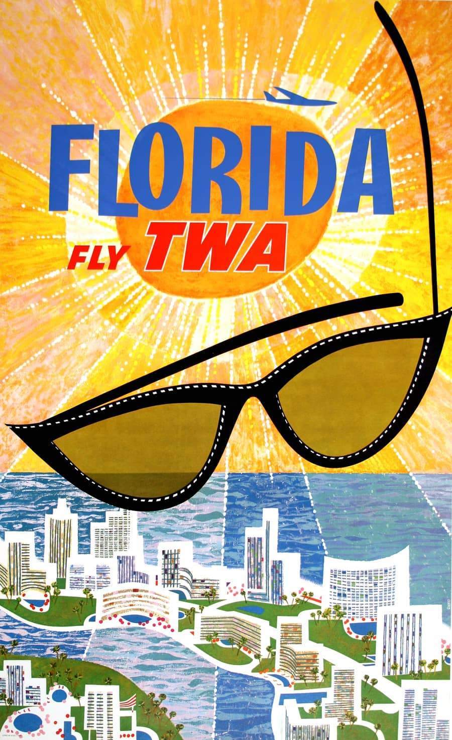 Original Vintage Fly TWA to Florida Poster by David Klein c1960