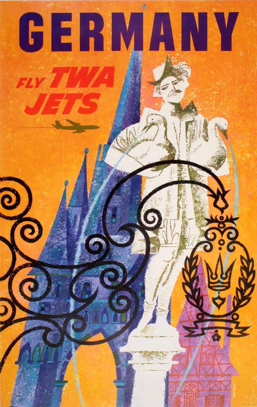 Original David Klein 1960's Poster - Fly TWA Germany
