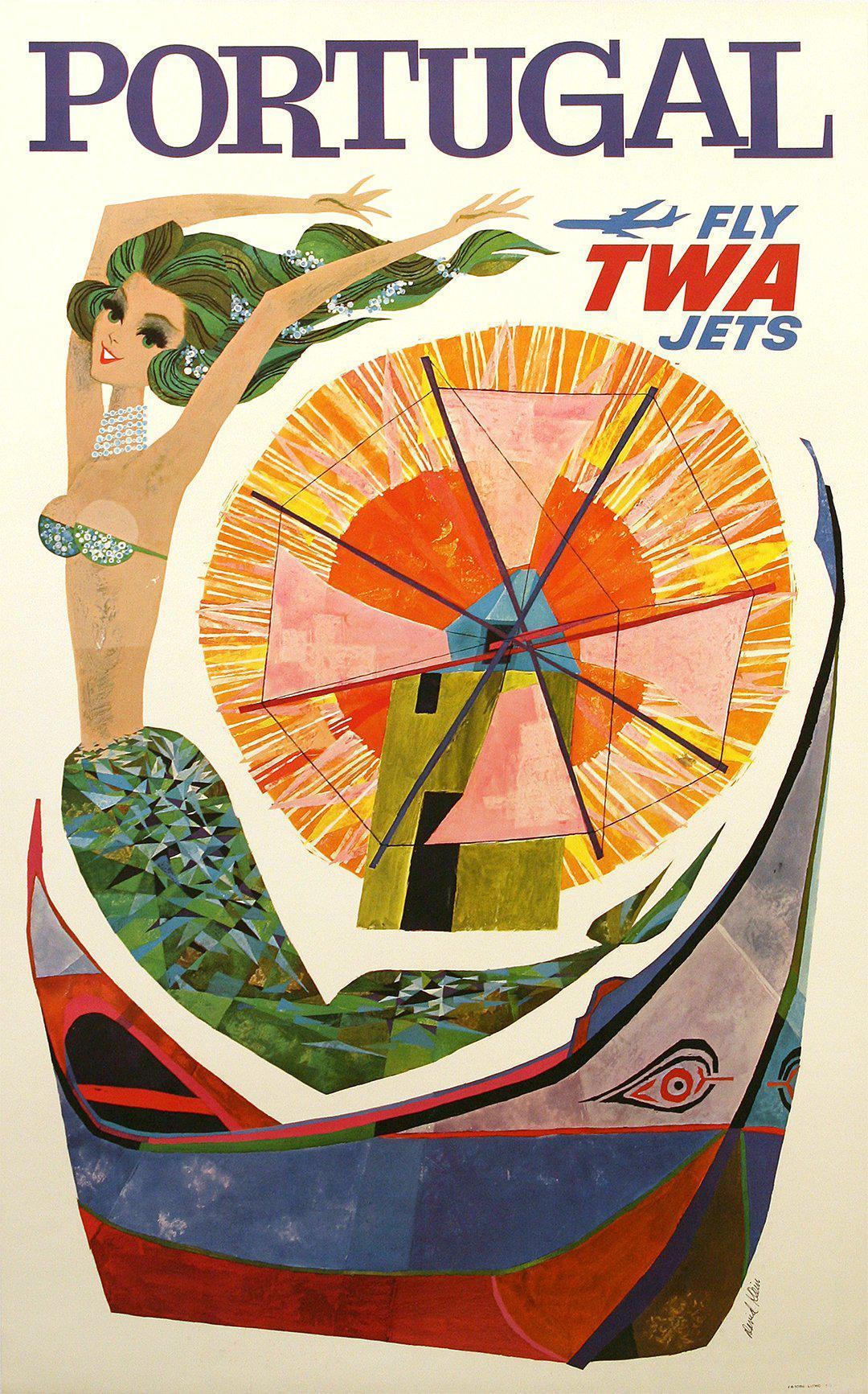Original Vintage Fly TWA Jets Portugal Poster by David Klein c1960