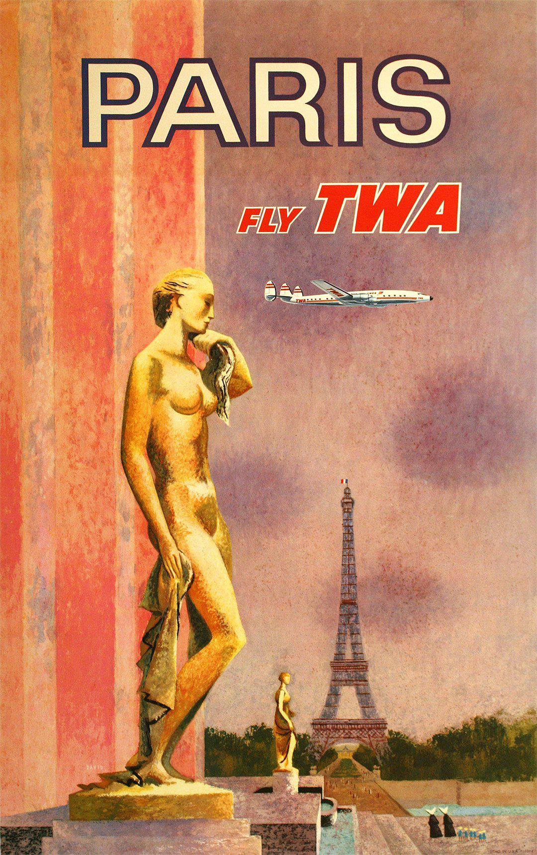 Fly TWA Paris - Gold Statue by David Klein c1960