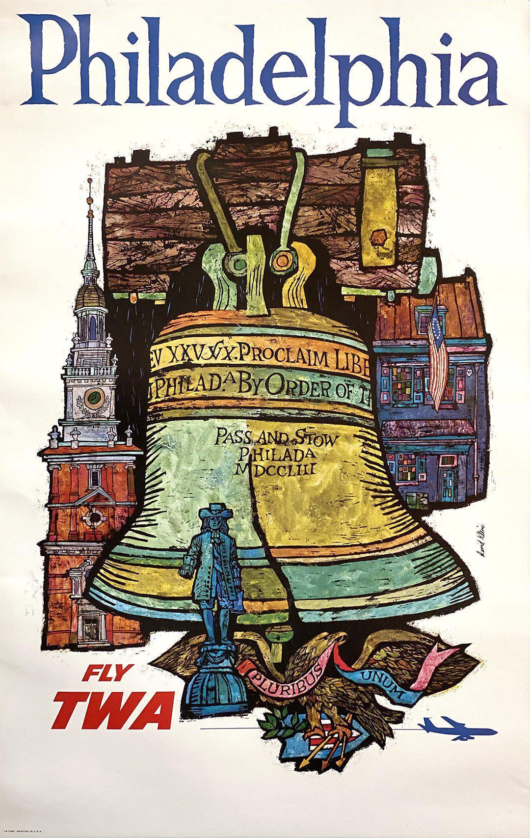 Original Vintage Fly TWA to Philadelphia Poster by David Klein c1960