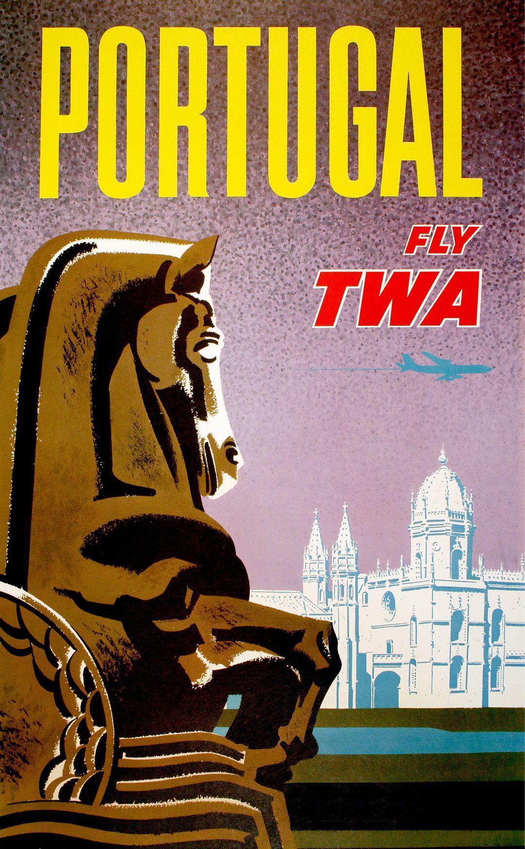Original David Klein Fly TWA Portugal Poster c1958