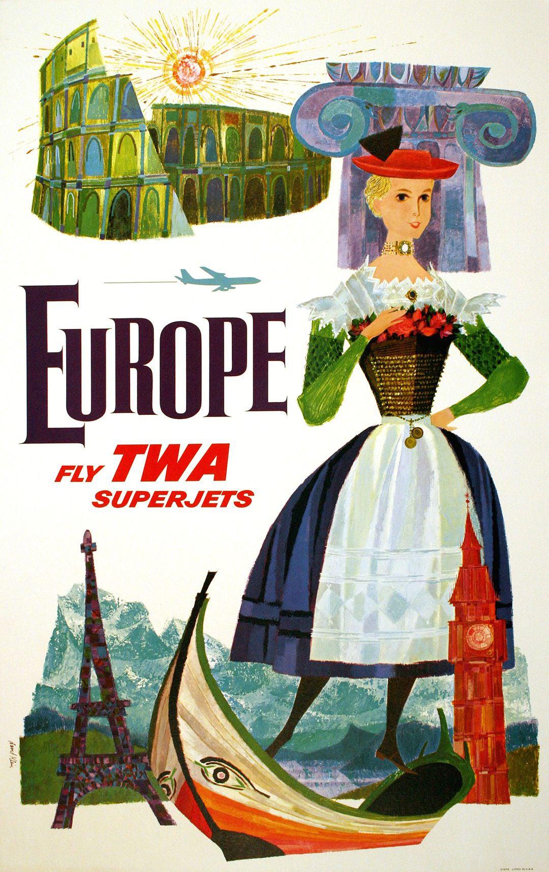 Original David Klein Fly TWA Superjets to Europe Poster c1960