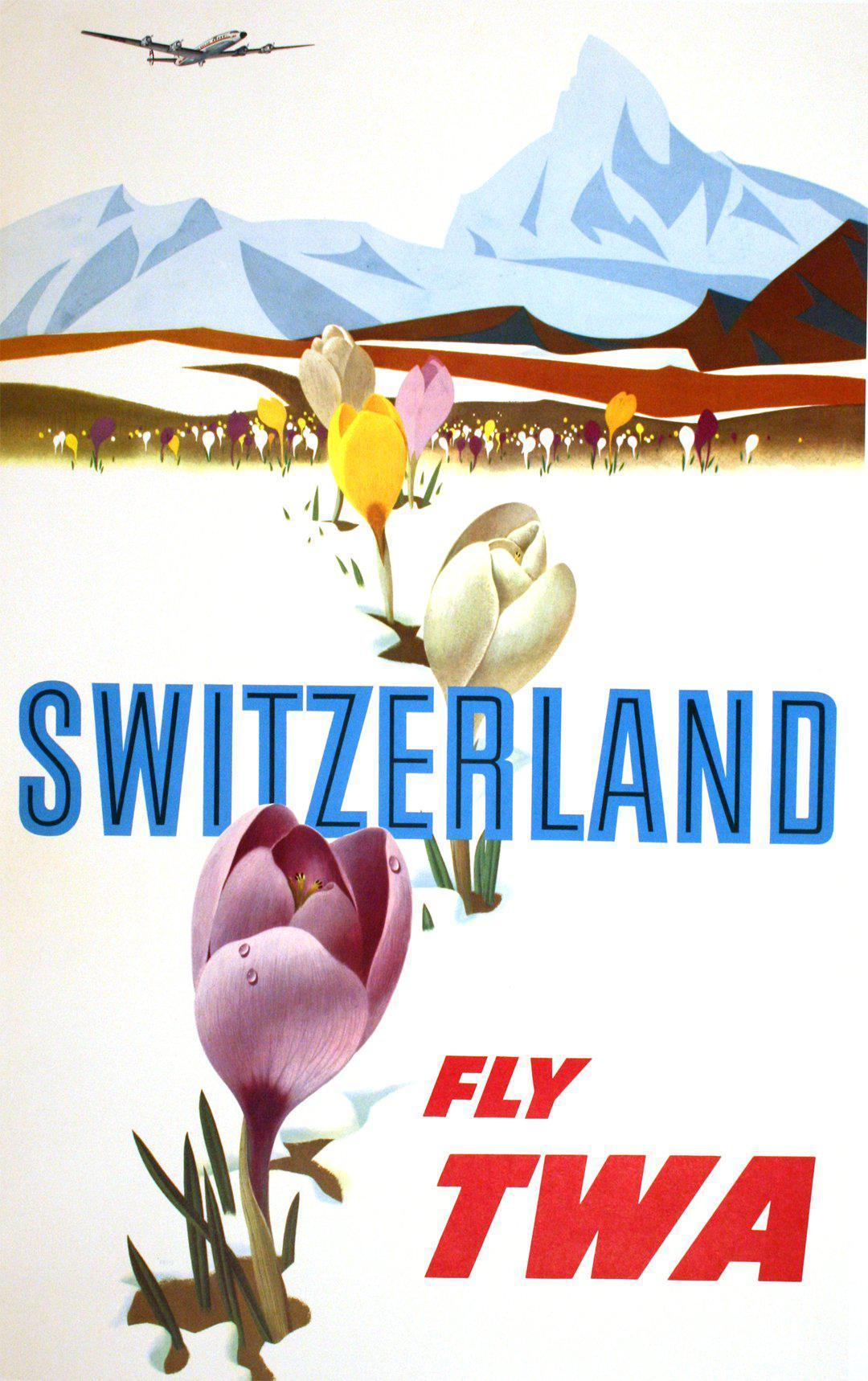 Original Vintage David KleinTWA Poster Switzerland Constellation Plane 1955