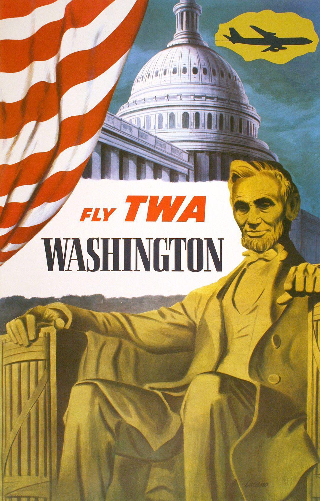 Original Vintage TWA Travel Poster Washington D.C. by Frank Lacano C1950