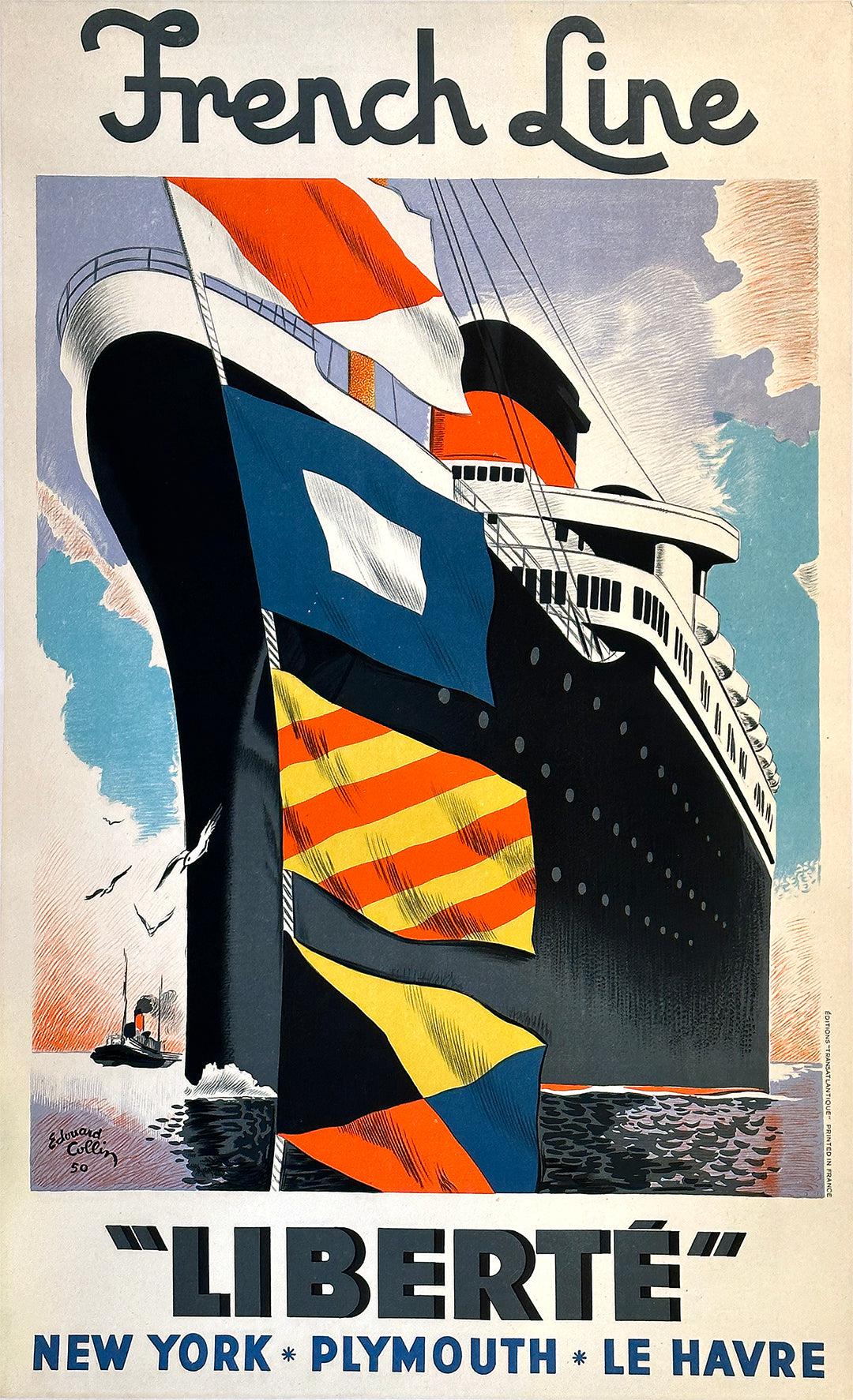 Original Vintage French Line Liberte Ship Poster Edouard Collin 1950