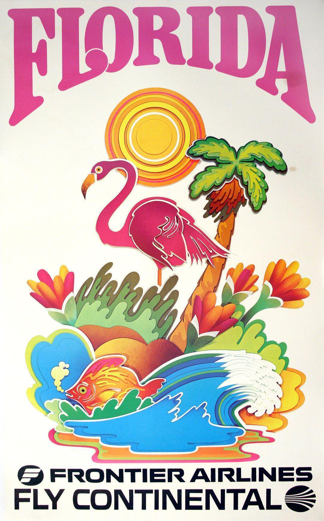 Florida Poster for Travel with Frontier Airlines c1975