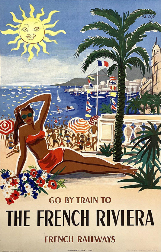 Go By Train To The French Riviera Poster Original 1955 by Herve Baille SNCF