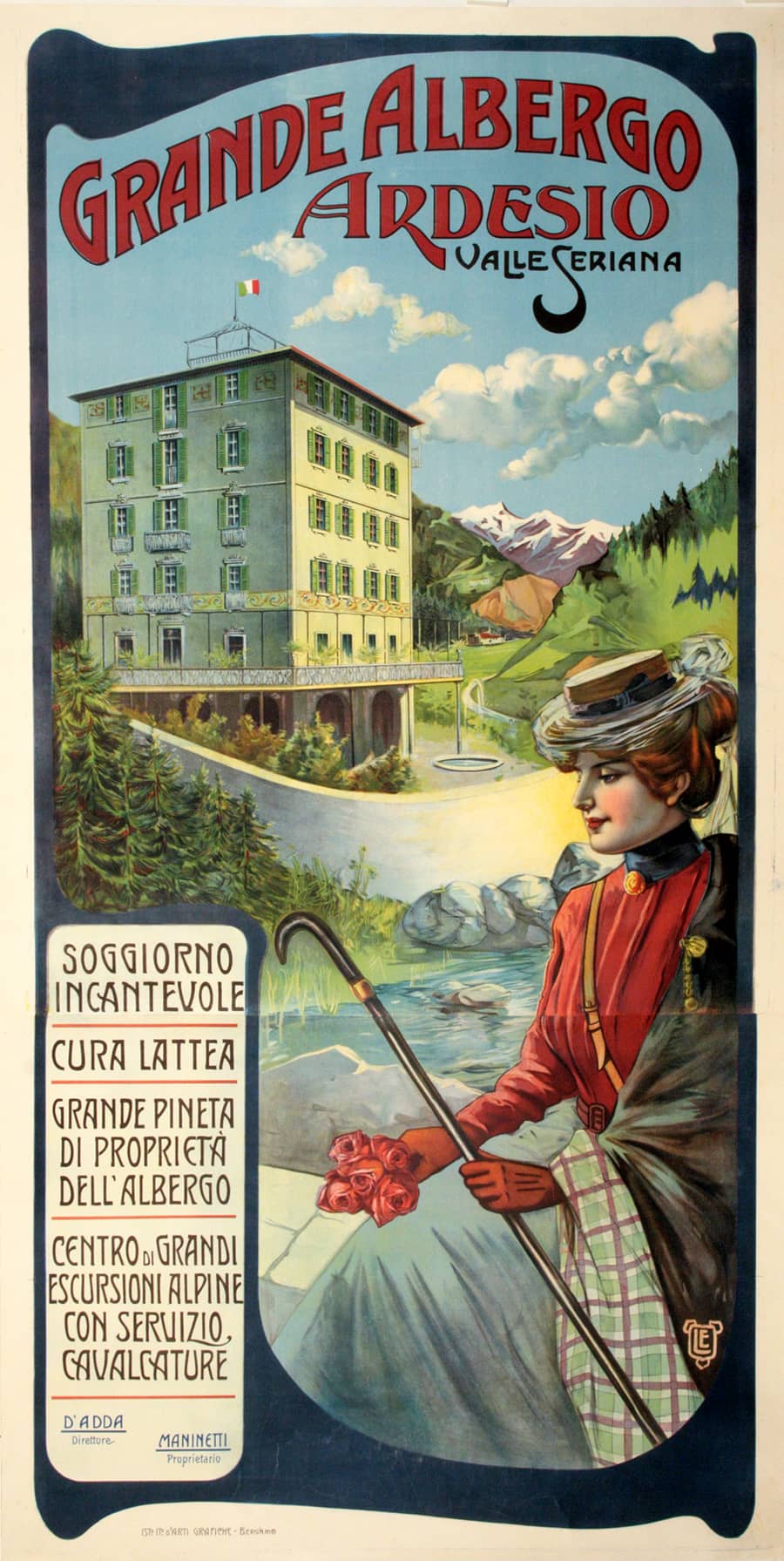 Original Italian Travel Poster circa 1900 - Grande Albergo Ardesio