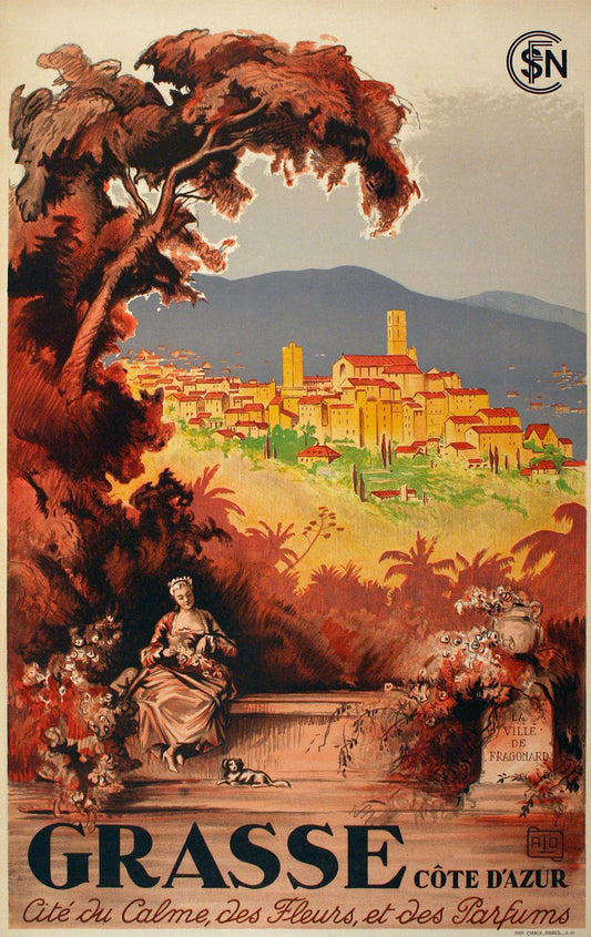 Original Cote d'Azur Travel Poster Grasse by Alo C1920