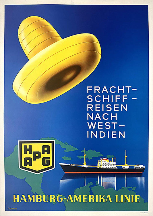 Original Vintage Hapag Hamburg Amerika Line West Indies Travel Poster c1935