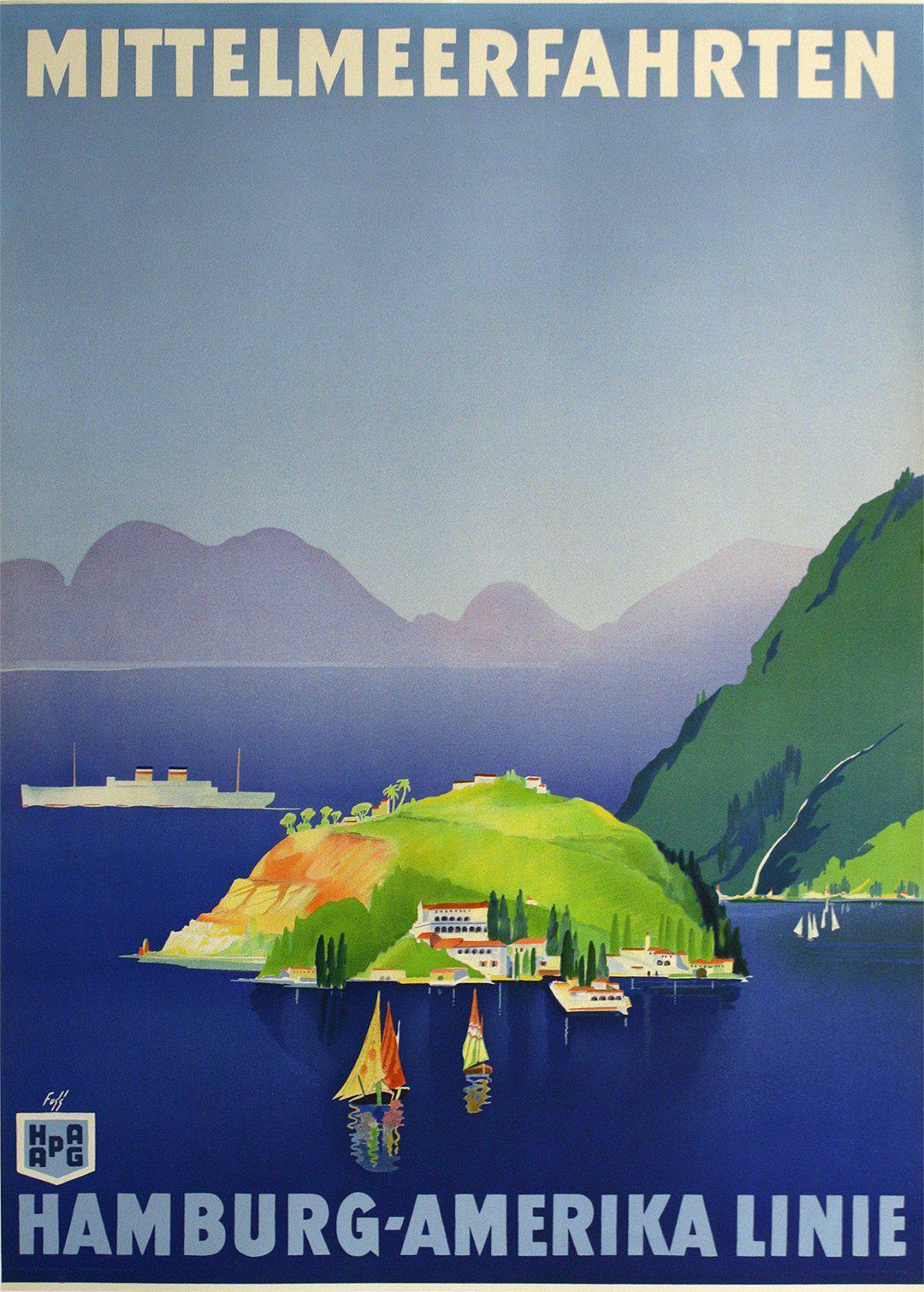 Original Vintage Hamburg Amerika Mittelmeerfahrten Sailboat Poster by Albert Fuss c1935 Hapag