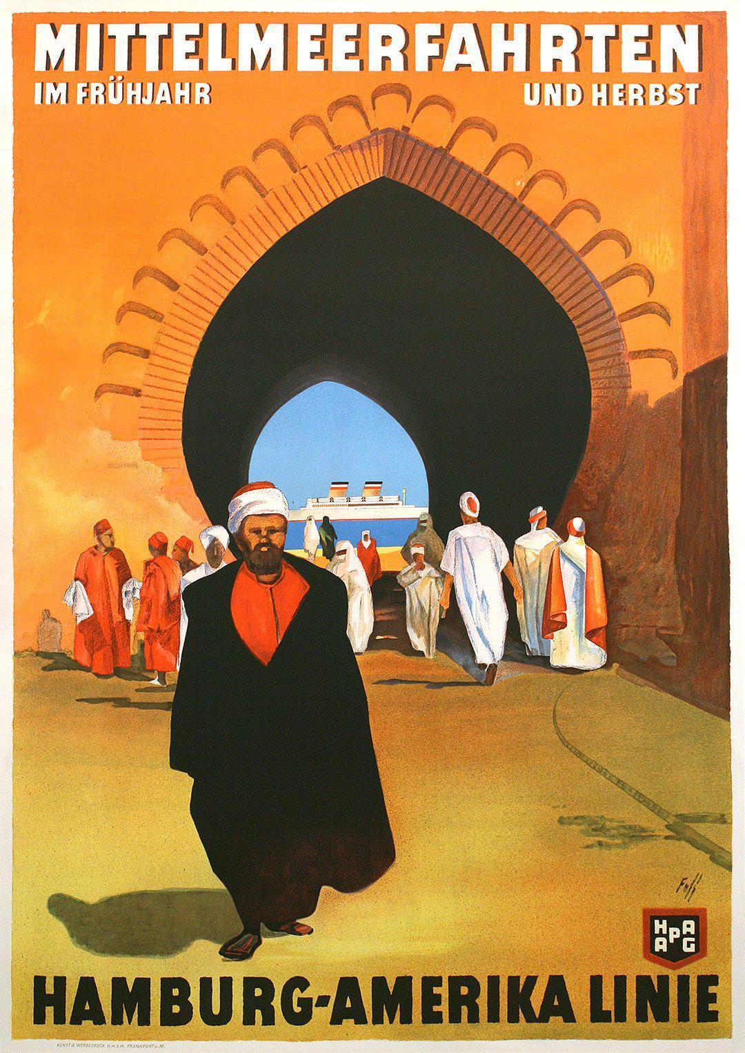 Original Vintage Hamburg Amerika Line Mittelmeerfahrten Travel Poster North Africa c1935 by Albert Fuss