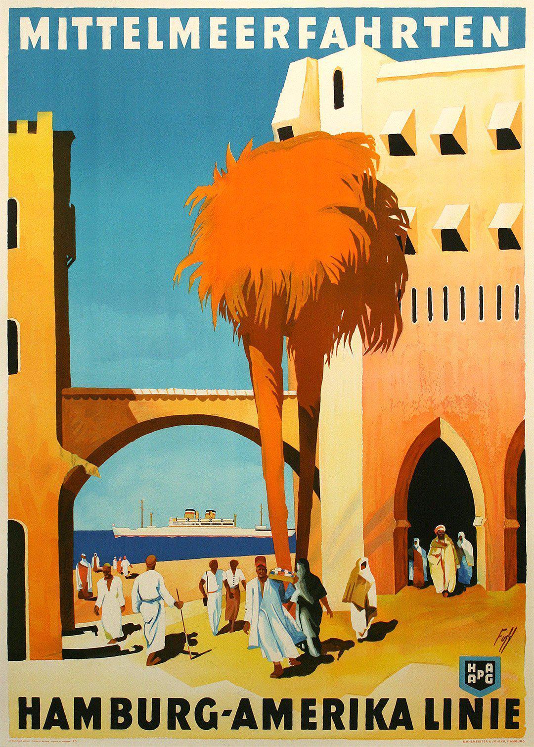Original Vintage Hamburg Amerika Mittelmeerfahrten Travel Poster by Albert Fuss c1935