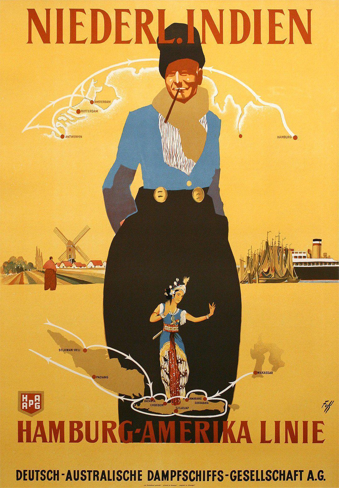 Original Vintage Hamburg Amerika Line Niederl Indien Travel Poster by Albert Fuss c1930 Dutch East Indies