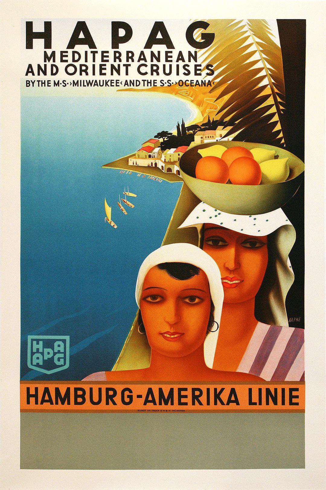 Hapag Mediterranean and Orient Cruises Hamburg Amerika Linie Vintage Poster c1935