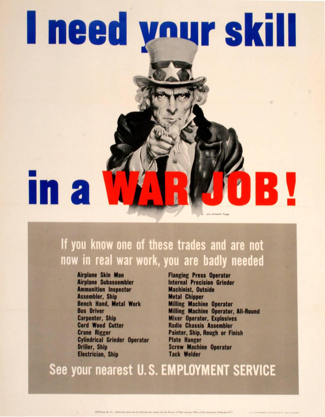 Original WWII 1943 Poster by Flagg - I Need Your Skill in a War Job