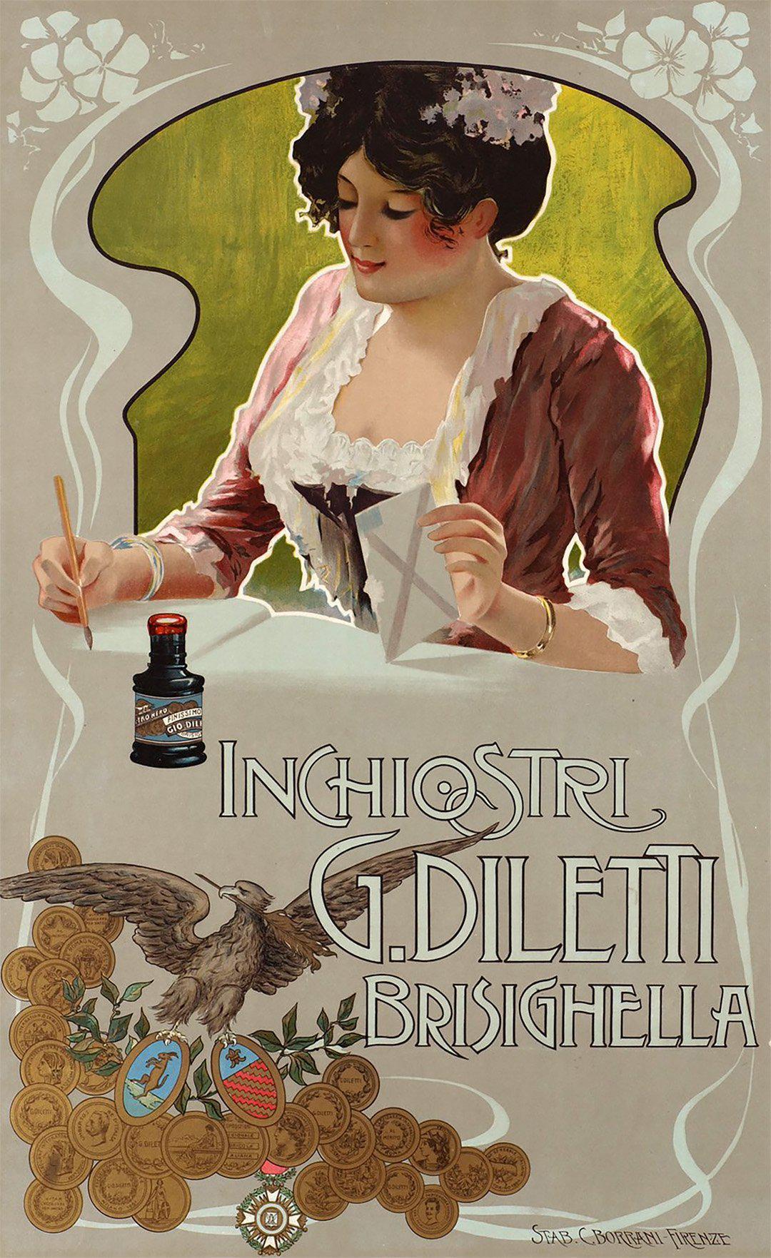 Original Vintage Italian Ink Poster Inchiosti G. Diletti Brishella c1900