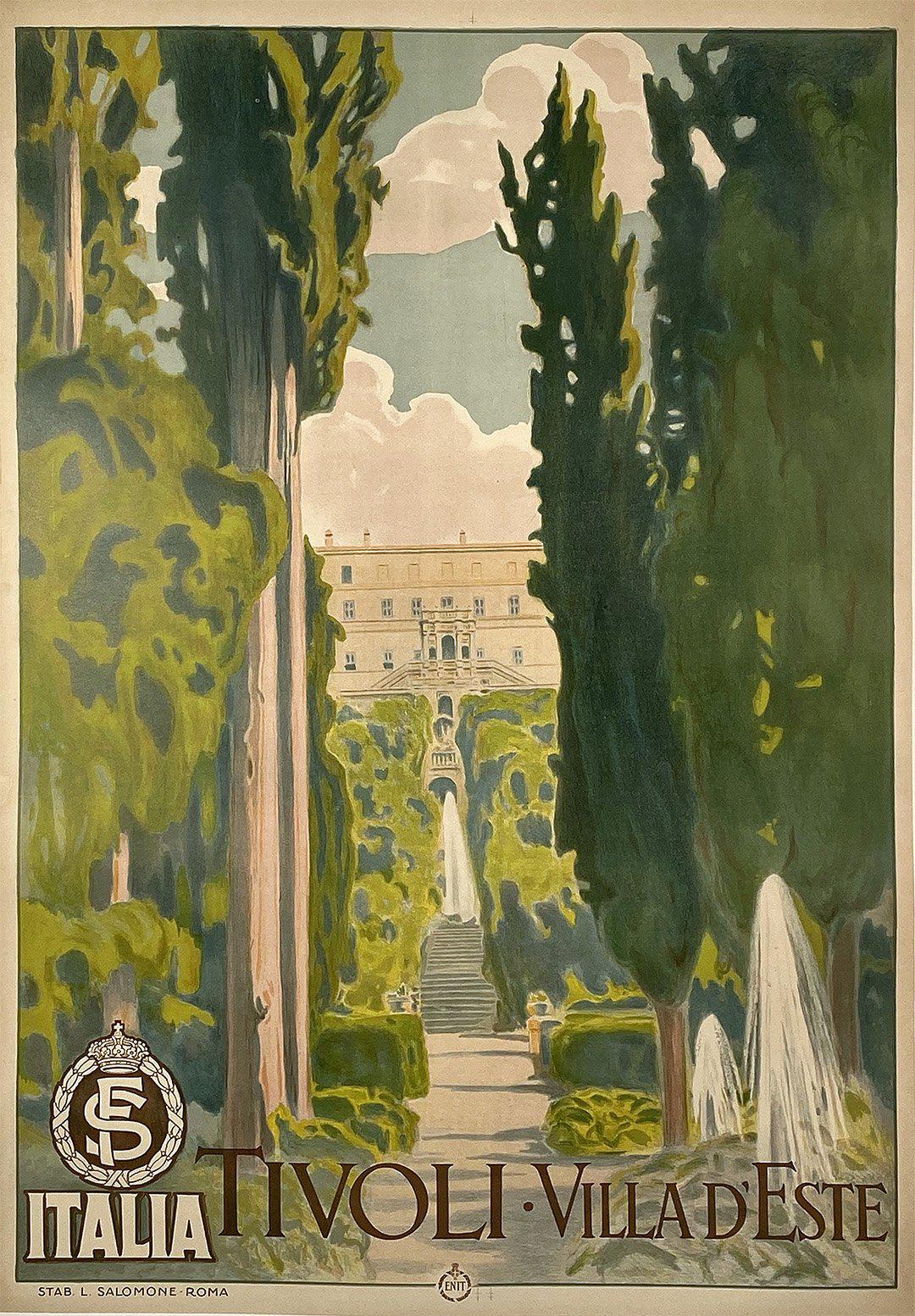 Original Vintage Tivoli Italy Travel Poster Villa d'Este c1925