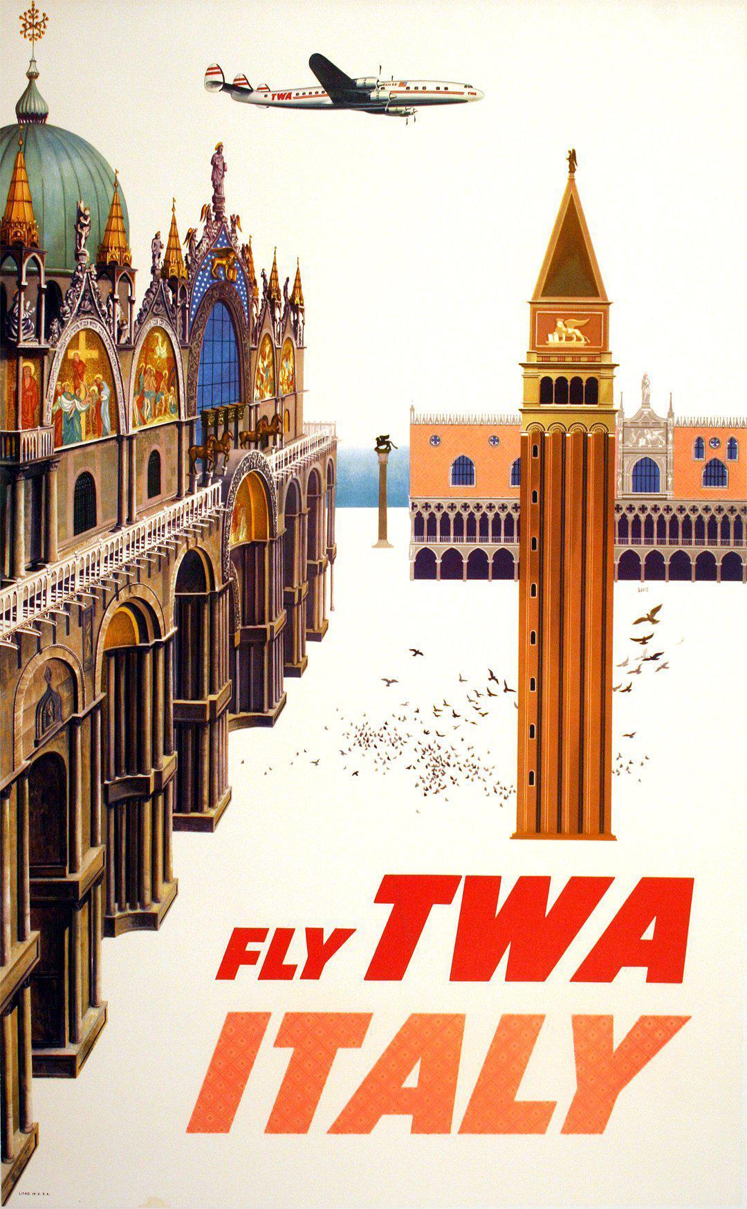 Original Vintage Poster Fly TWA to Italy by David Klein c1960 Venice