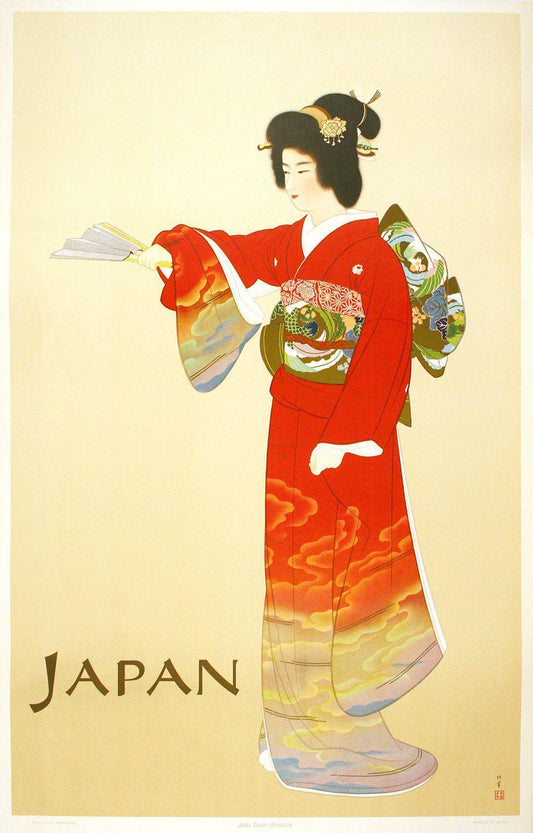Original Japan Travel Poster by Uemura Shoen c1955 - Red Kimono on Beige