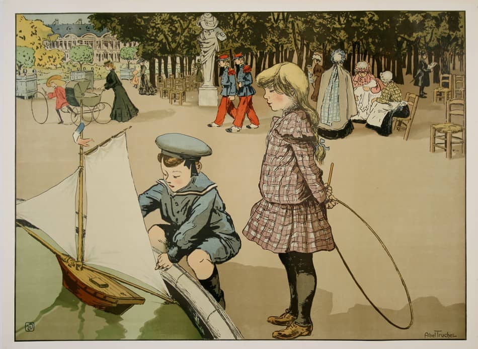 Original Poster of Children in the Jardin de Luxembourg Paris by Abel Truchet c1915