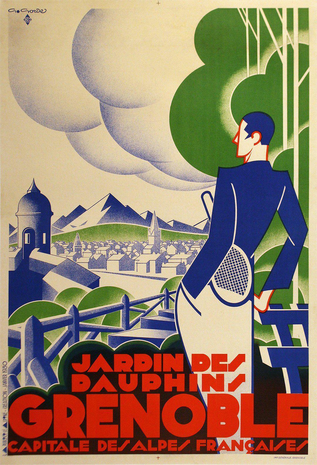 Original Vintage Grenoble Travel Poster by Gaston Gorde 1930 Tennis Art Deco