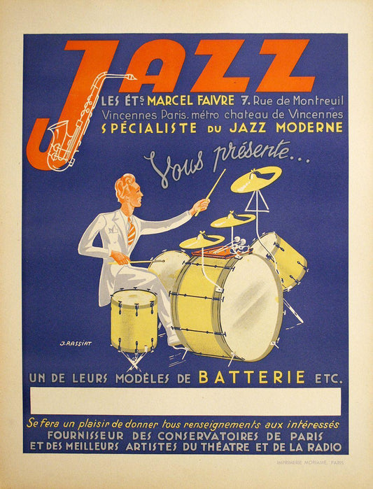 Original 1930's French Vintage Jazz Poster Featuring a Drummer by James Rassiat