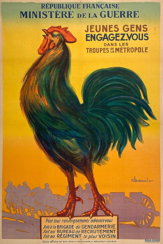 Original Vintage Jeunes Gens Engagez Vous Rooster Poster WWI French Recruitment 1914