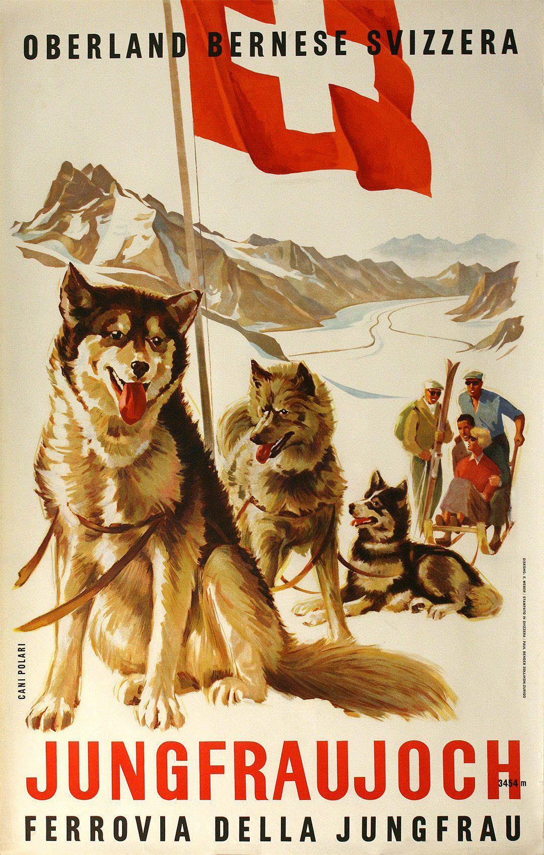 Original Vintage Jungfraujoch Husky Dog Sled Poster by Eduard Weber c1946 Swiss Alps Bernese