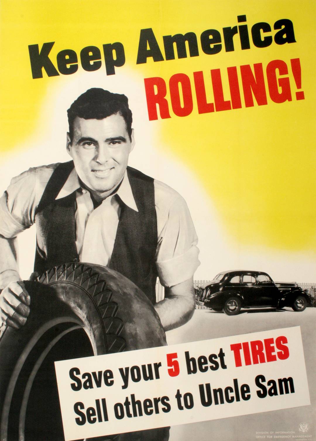 Keep America Rolling 1942 Original WWII Poster by Rutlidge Man with Tire