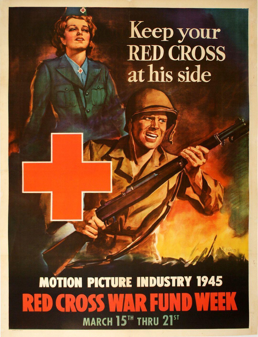 Original 1945 WWII Poster by Hood - Keep Your Red Cross at His Side