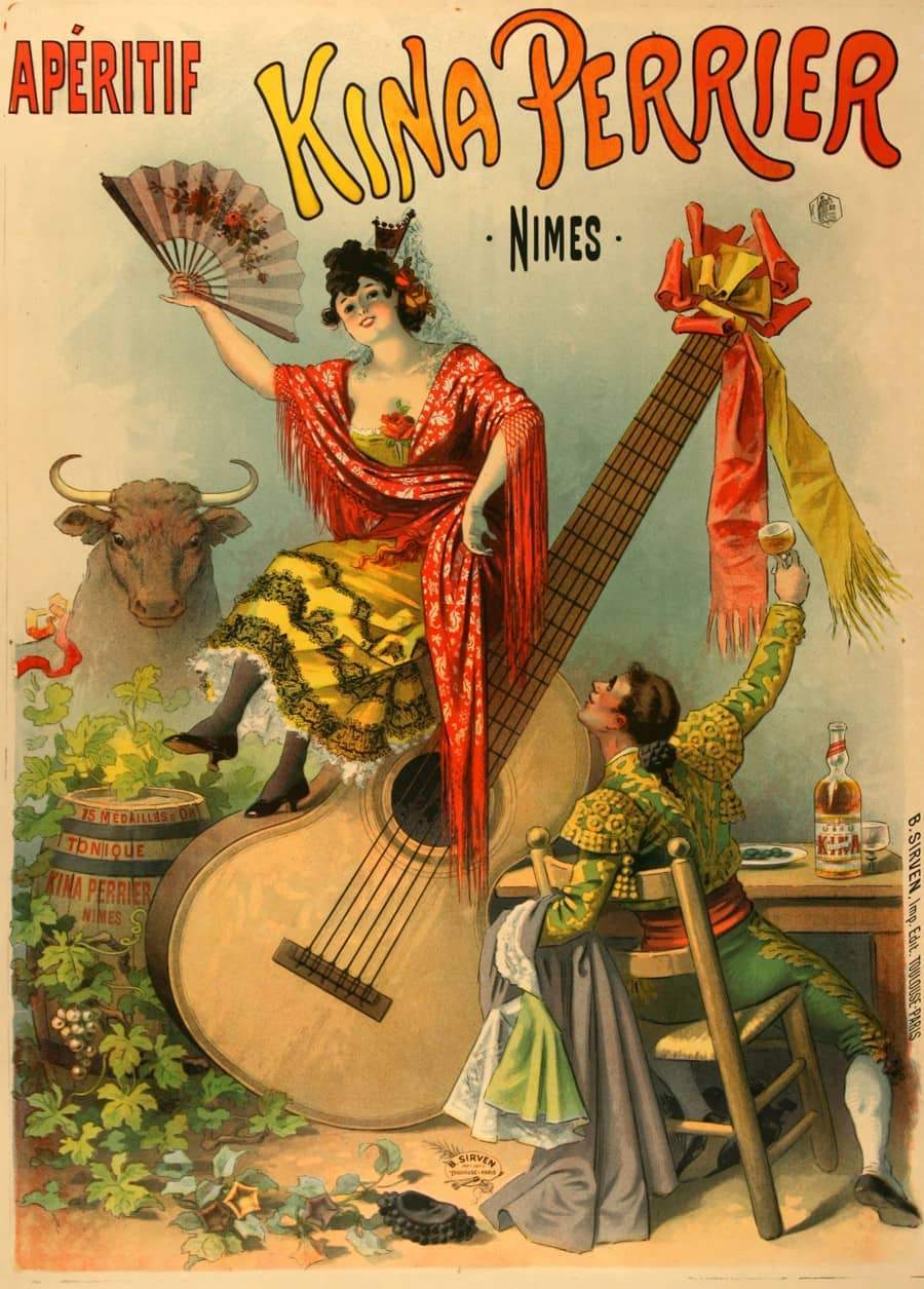 Kina Perrier Original French Poster c1895 Woman with Fan on a Guitar