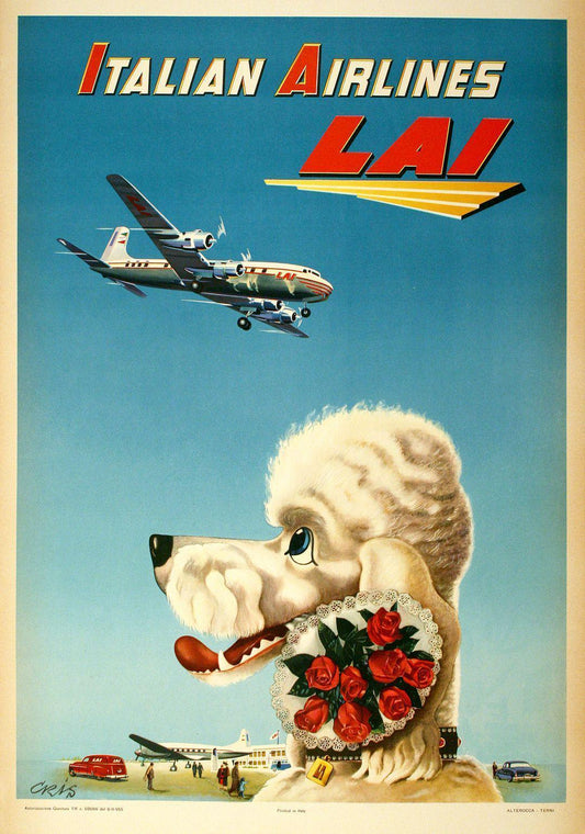 Original Italian Poster for L.A.I. Italian Airlines White Poodle by Cris c1955
