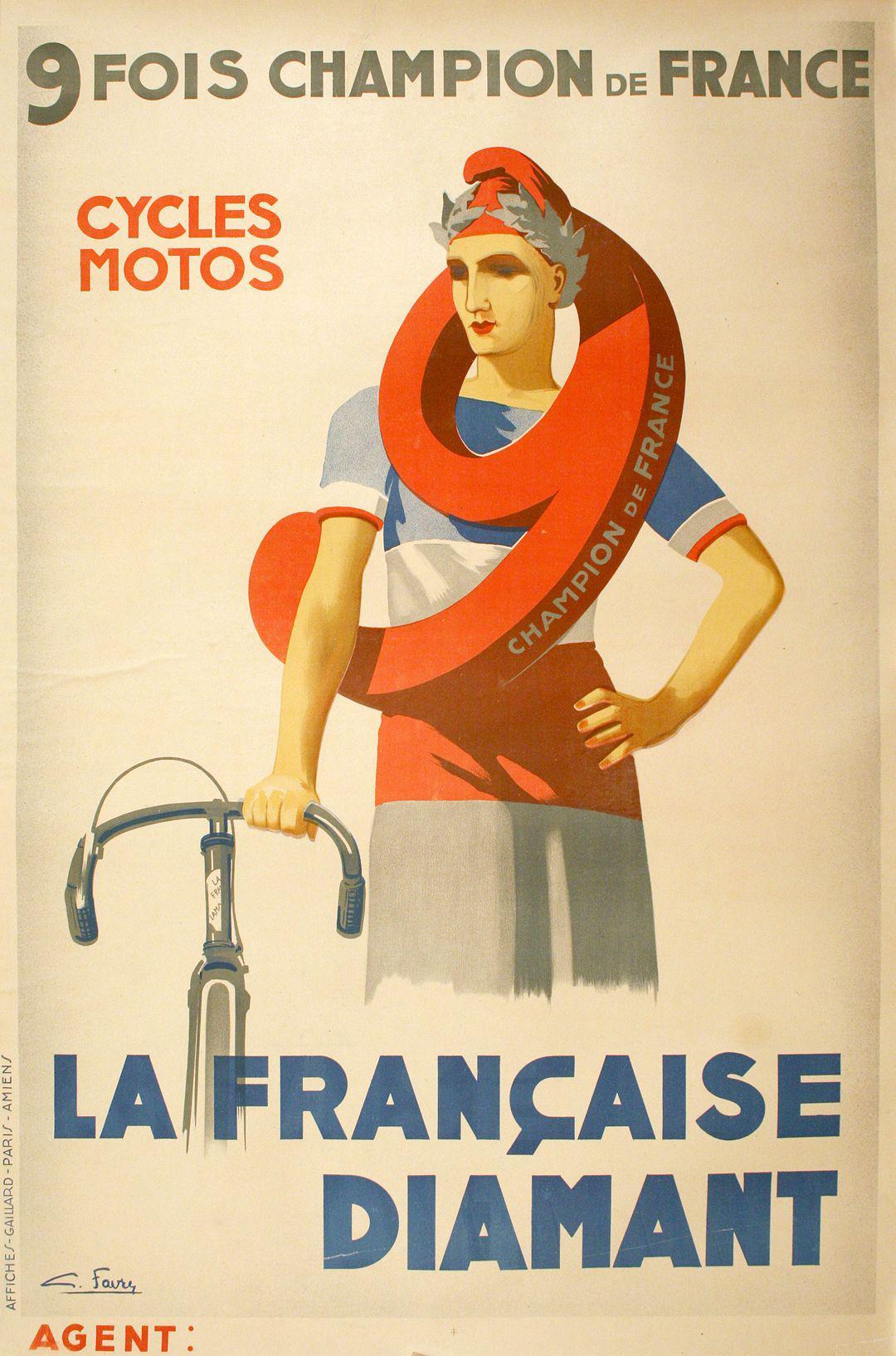 Original Vintage Cycling Poster La Francaise Diamant by Favre Bicycle Moto C1935
