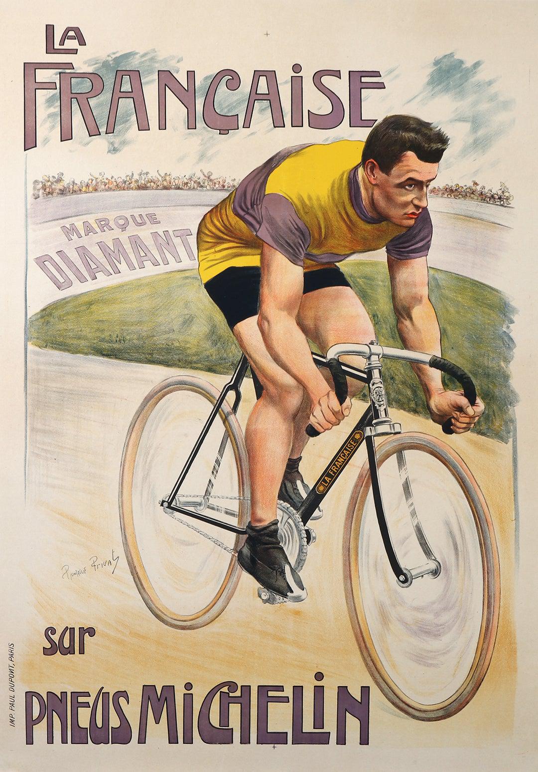 Original Vintage Cycling Poster La Francaise sue Pneus Michelin 1920 by Privat
