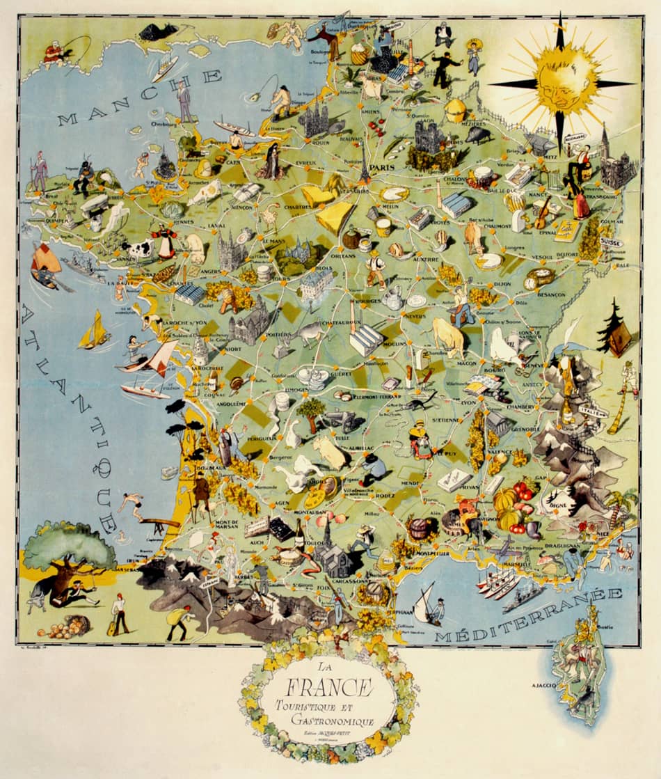 Vintage Original France Map of Gastronomic Regions by Petit 1948